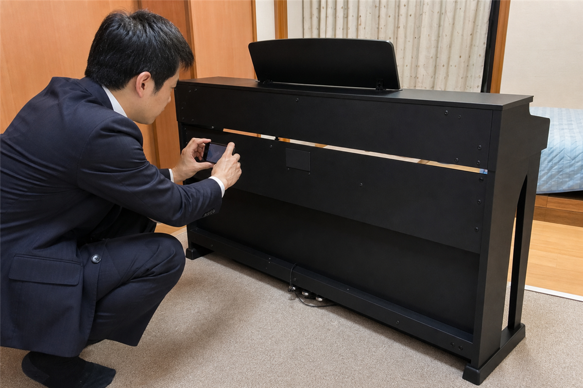 電子ピアノの型番ラベルを撮影する様子