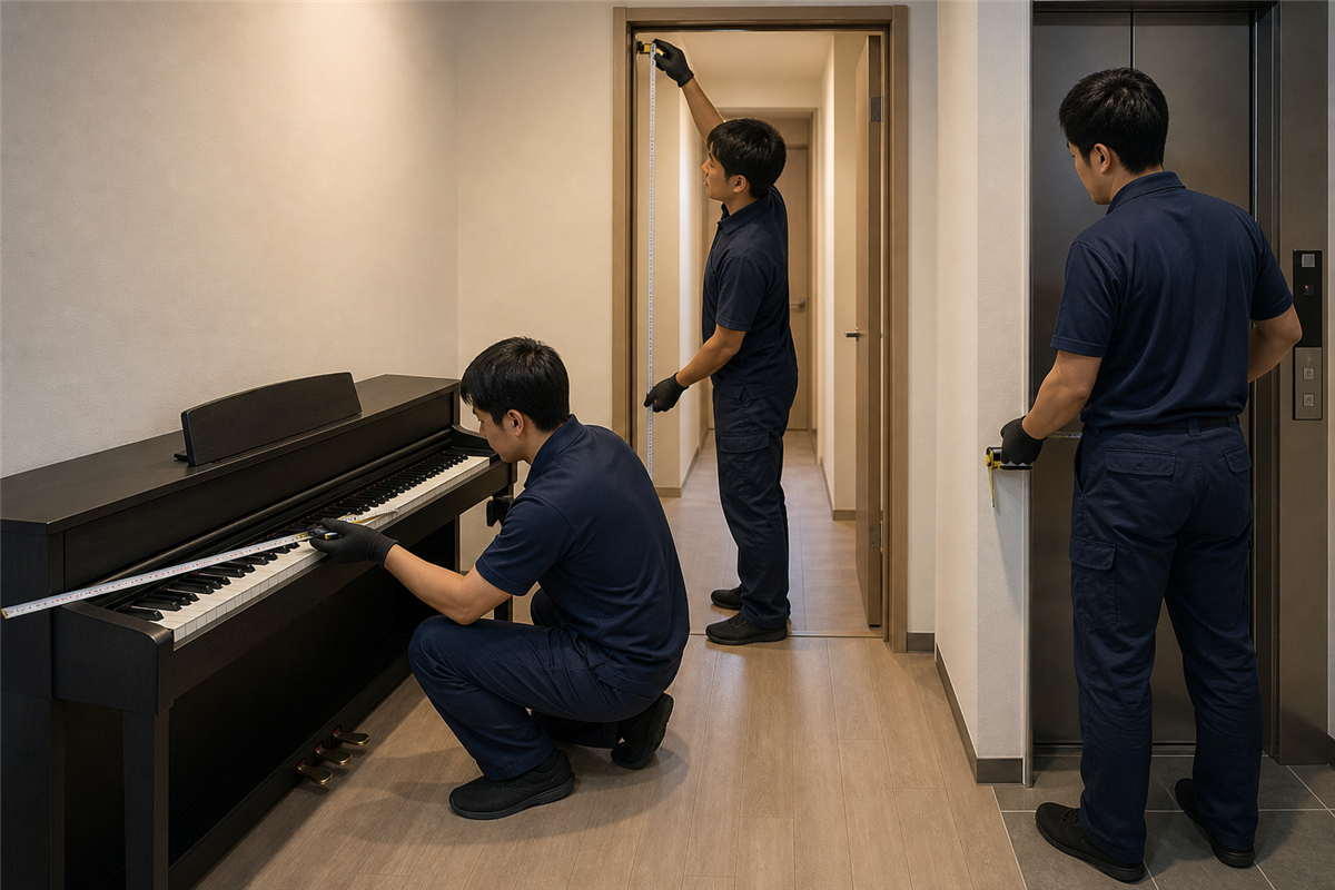 電子ピアノから玄関までの搬出経路を測る様子