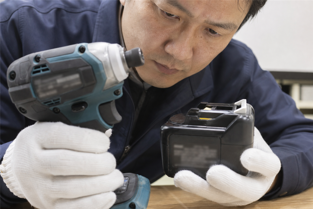工具本体と電池の型番を確認する様子
