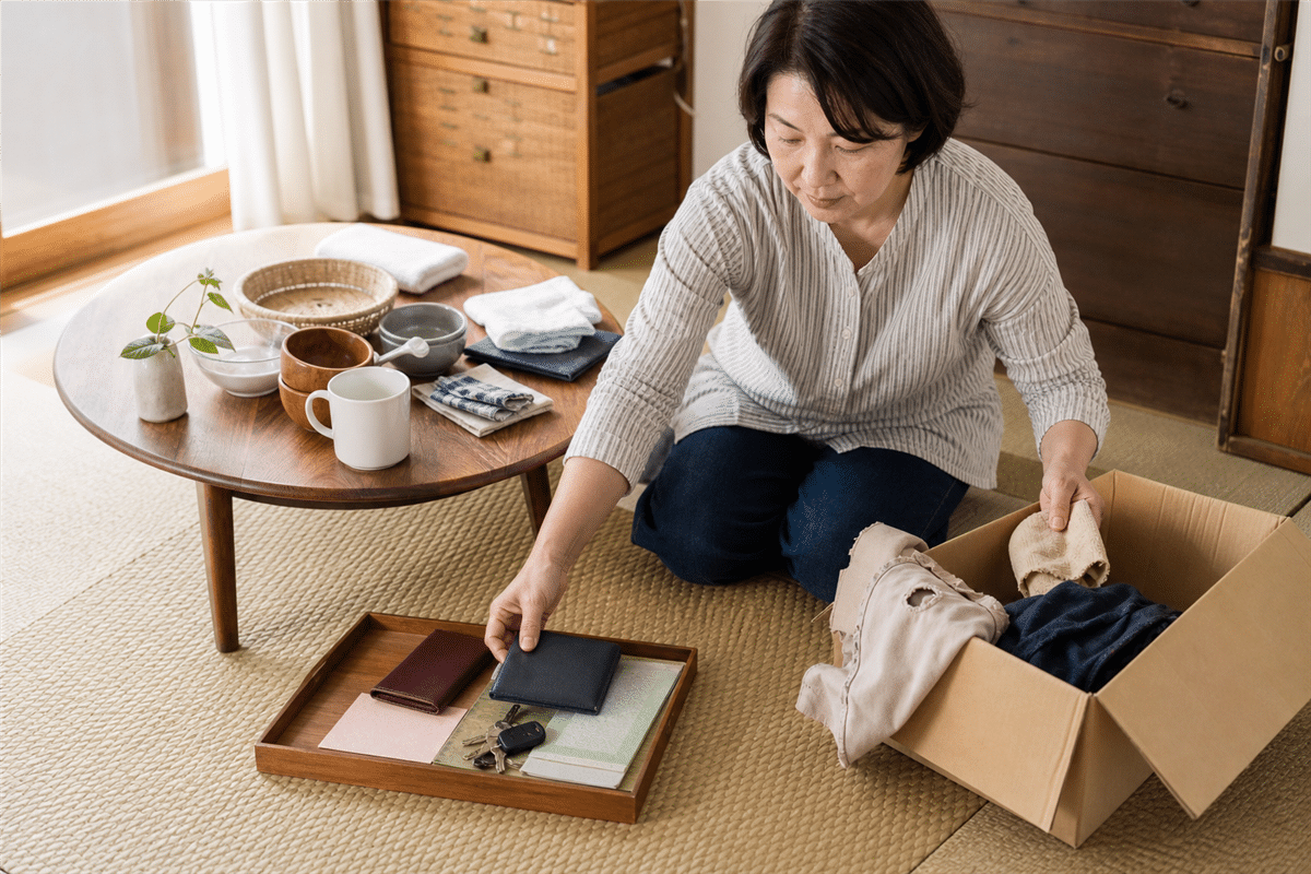 部屋に残った家具や家電を分けて確認する様子