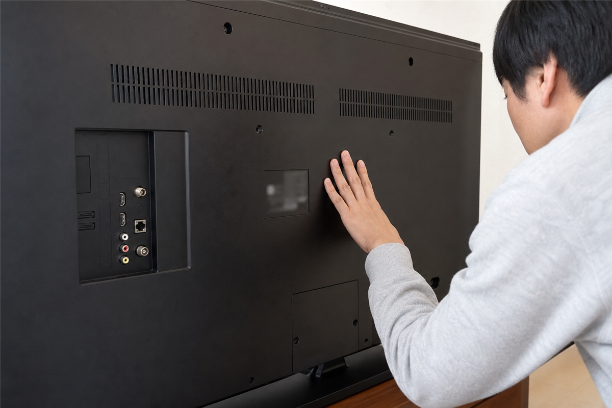 液晶テレビ背面の型番を確認する様子