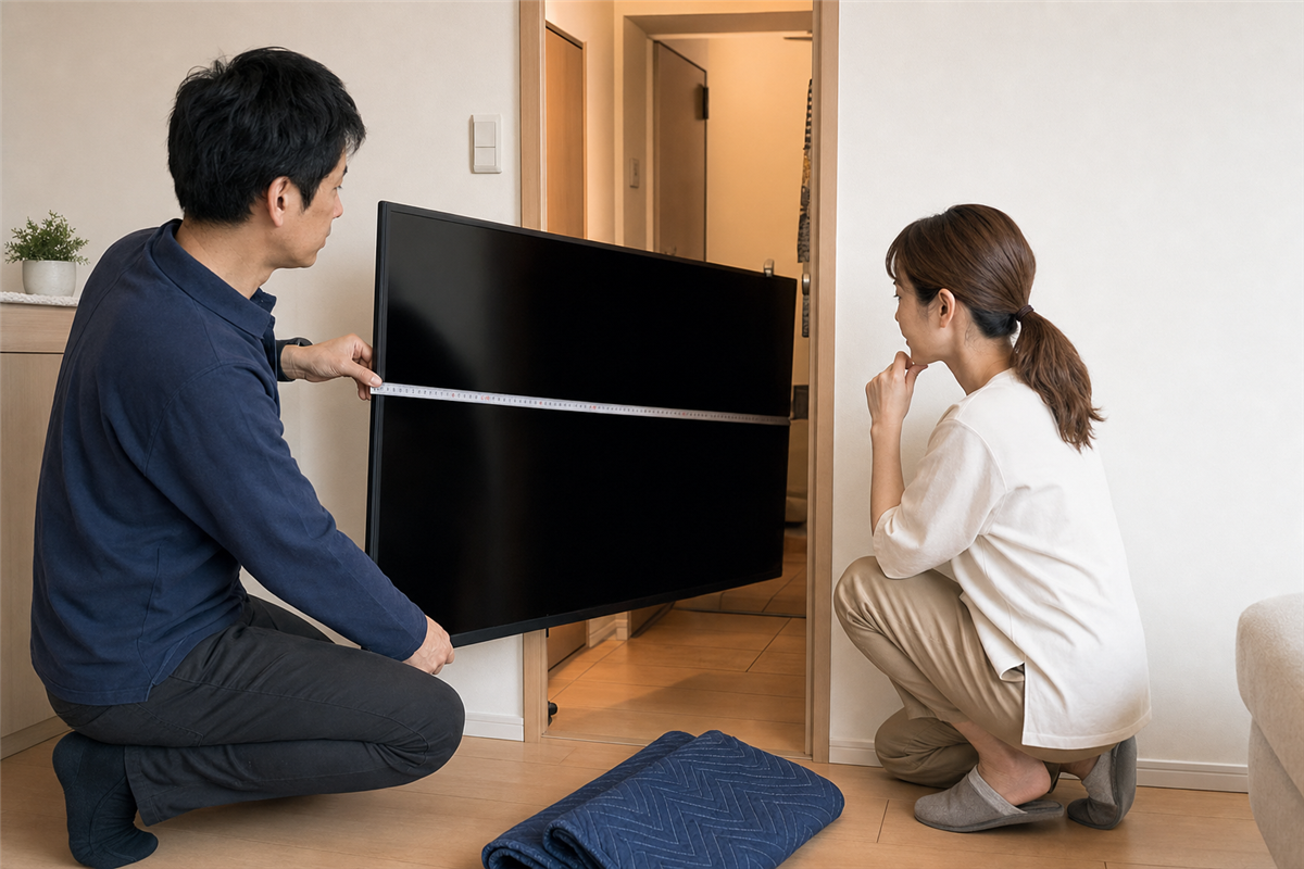 液晶テレビの搬出経路を測る様子