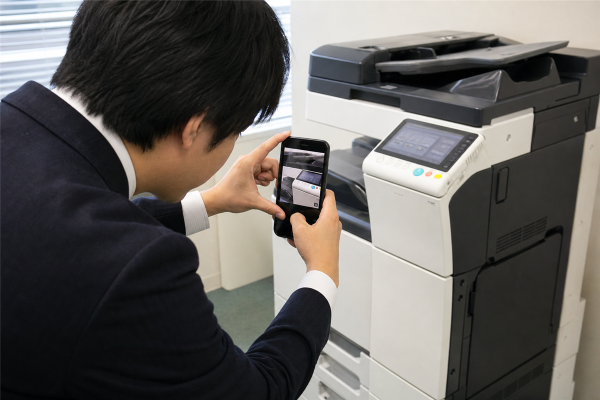 コピー機の型番とカウンター画面を確認する様子