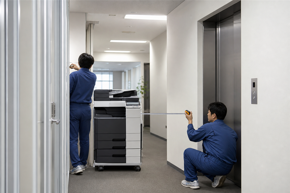 コピー機からエレベーターまでの搬出経路を測る様子