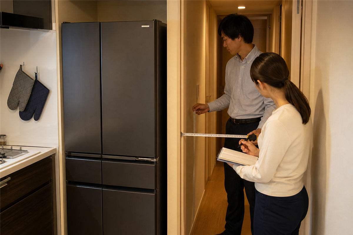 冷蔵庫の搬出経路を測る様子