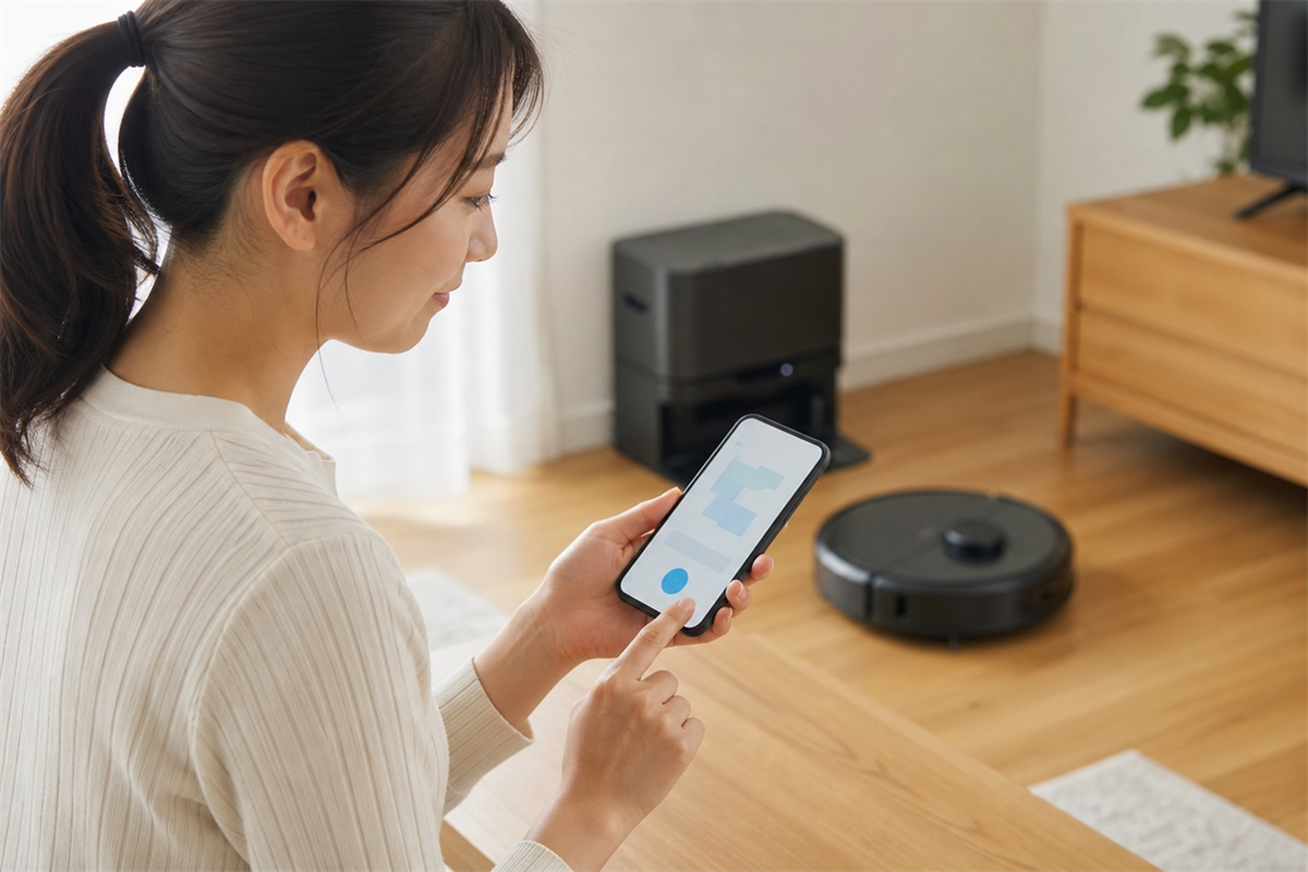 スマートフォンの掃除機アプリと本体型番を確認する様子