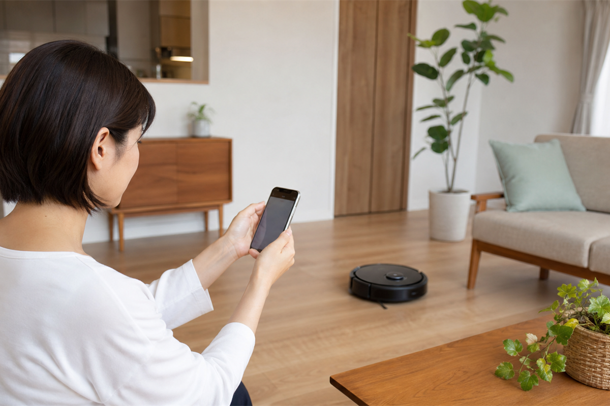 ロボット掃除機の充電台と電源を確認する様子