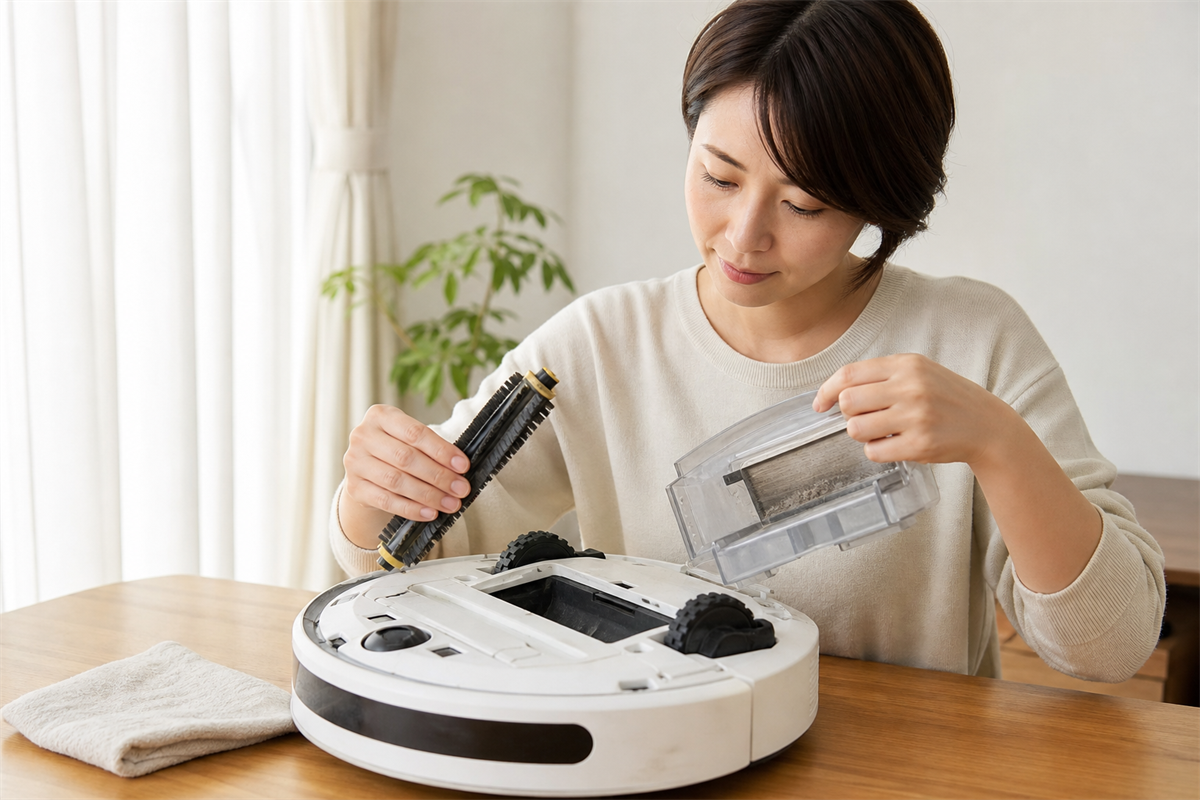 ダスト容器とブラシを外して状態を見る様子