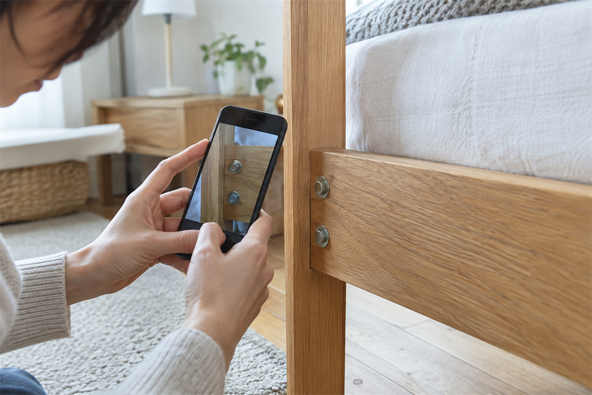 ベッド枠の接合部を外さずスマートフォンで撮影する手元