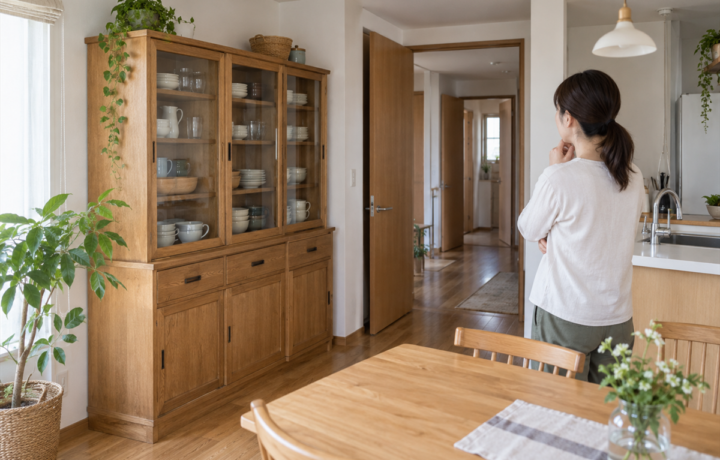 背の高い食器棚と搬出経路を確認する日本の住人