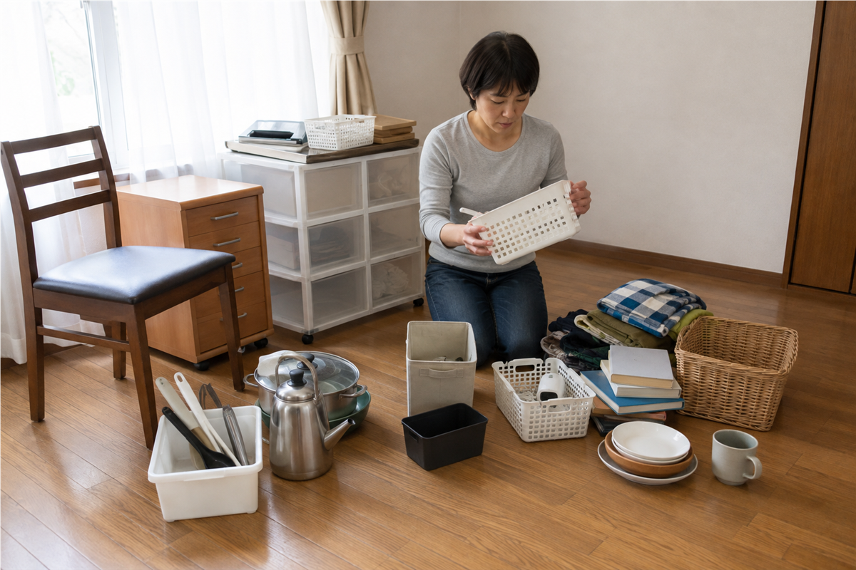 問い合わせ前に処分したい家庭用品を整理する様子
