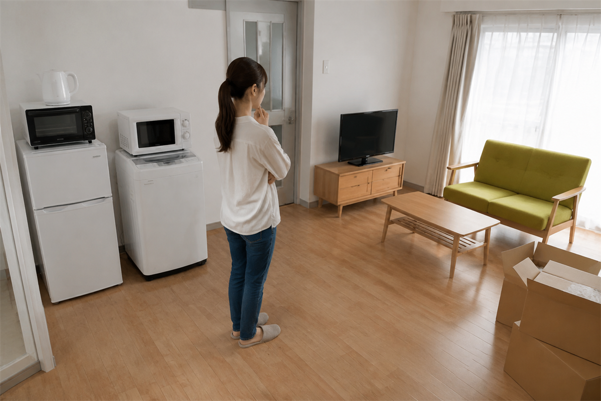 家電と家具を別のグループに分けた引越し前の室内