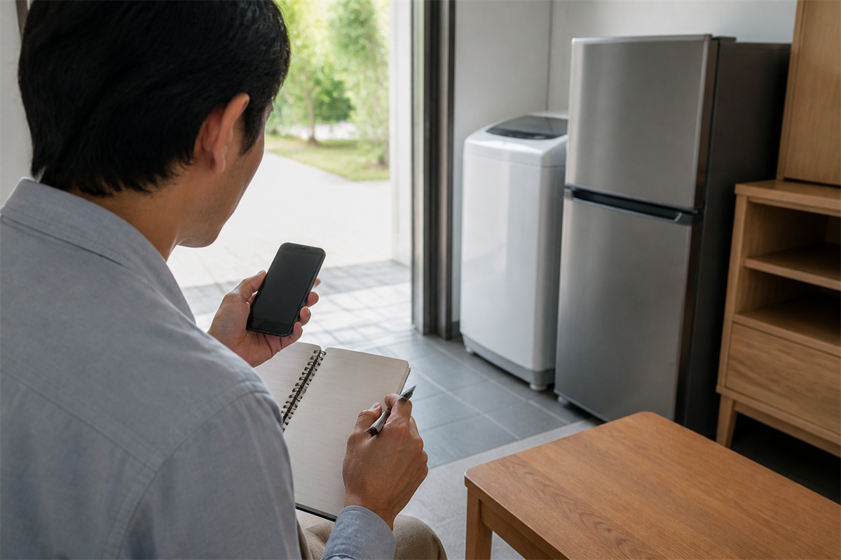 家電4品目と家具の情報を相談メモに整理する様子