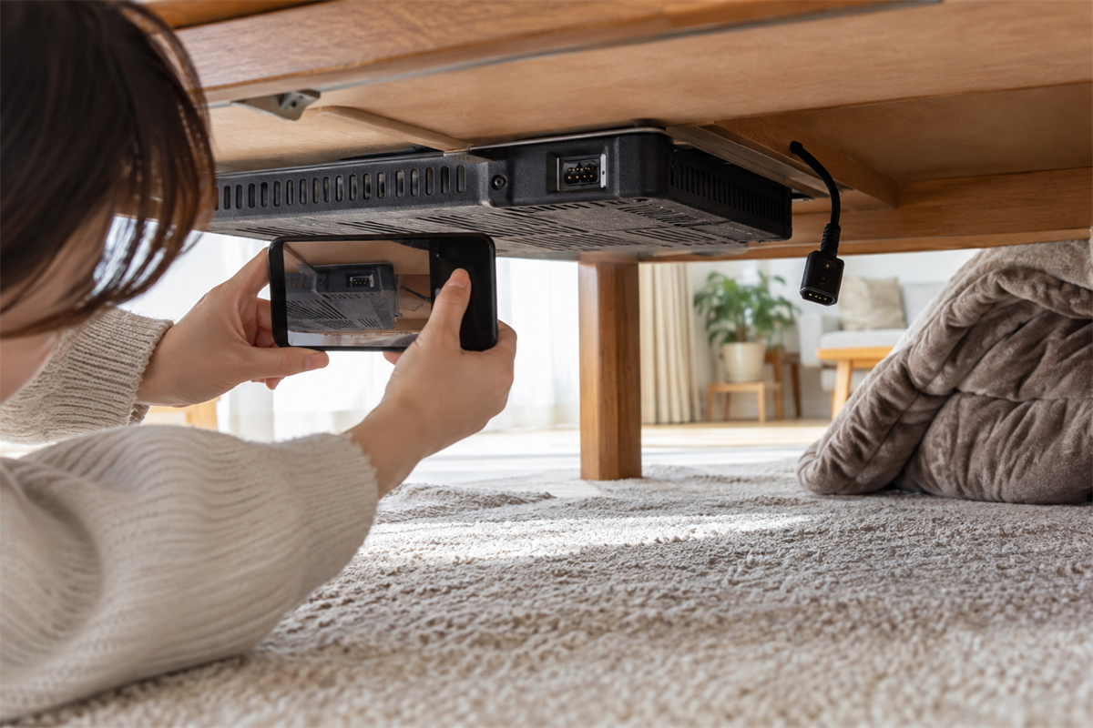 電源を抜いたこたつのヒーターユニットとコード接続部を確認する様子
