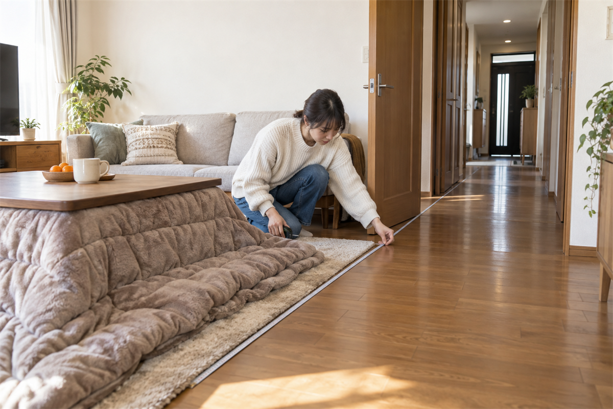 こたつの設置場所から玄関までの搬出経路を測る様子