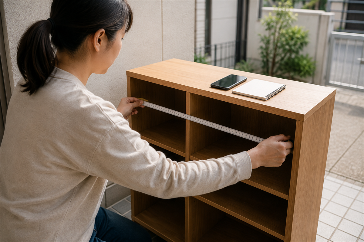 自治体回収の申込みに備えて家具の寸法を測る様子