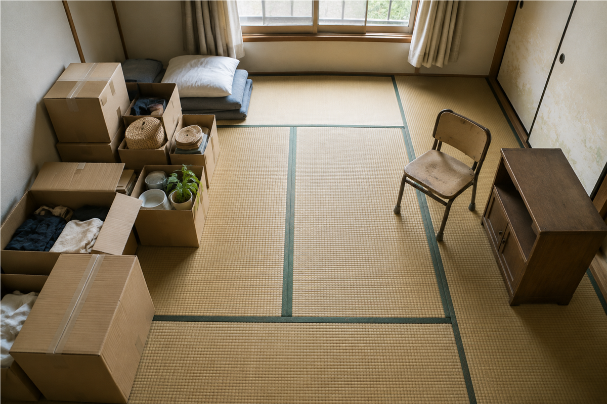 引越し荷物と手放す家財を分けて整理する様子