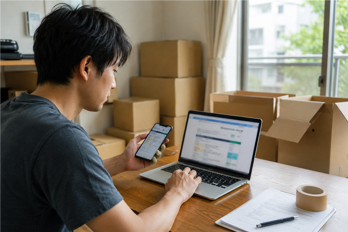 自治体の家庭ごみに関する案内を確認する様子
