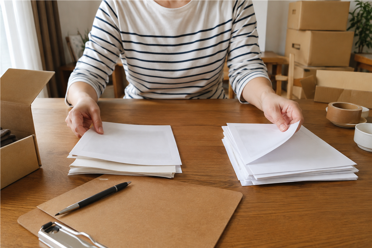 運送と家財処分の書類を分けて確認する手元
