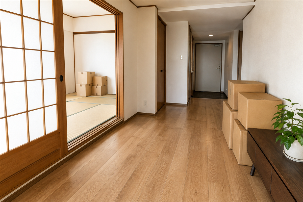 家具や段ボールを避けて確保した玄関までの搬出経路