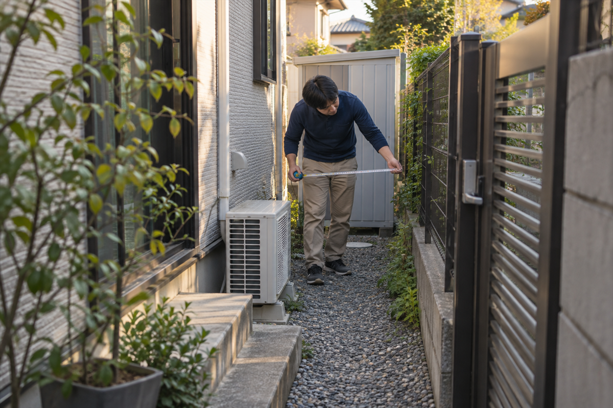 裏庭の物置から門扉までの搬出経路を確認する様子