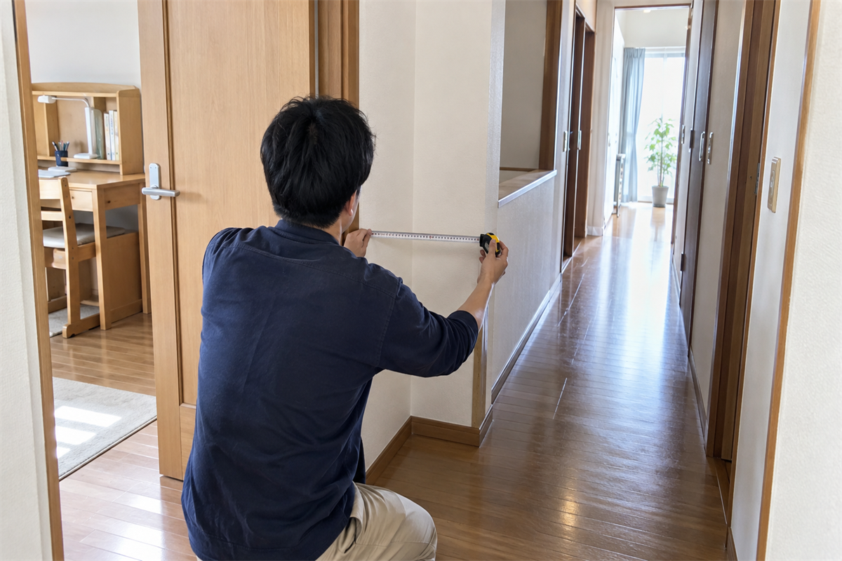 学習机を運び出す廊下と曲がり角の採寸