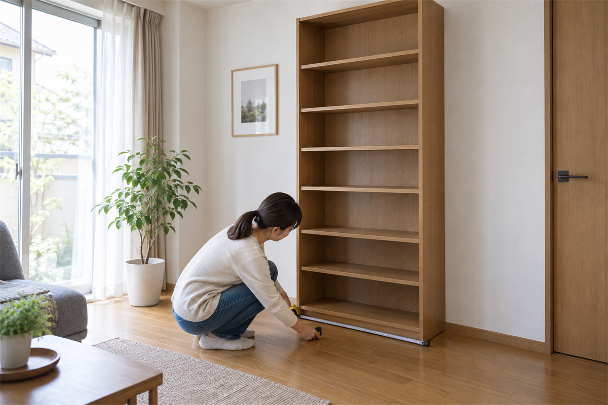 背の高い本棚の幅と奥行を動かさず測る様子