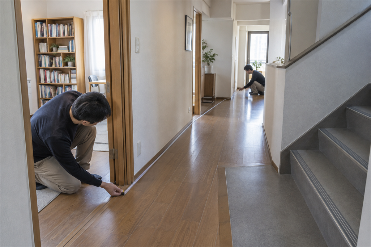 本棚を置いた部屋から廊下と階段までの搬出経路を測る様子
