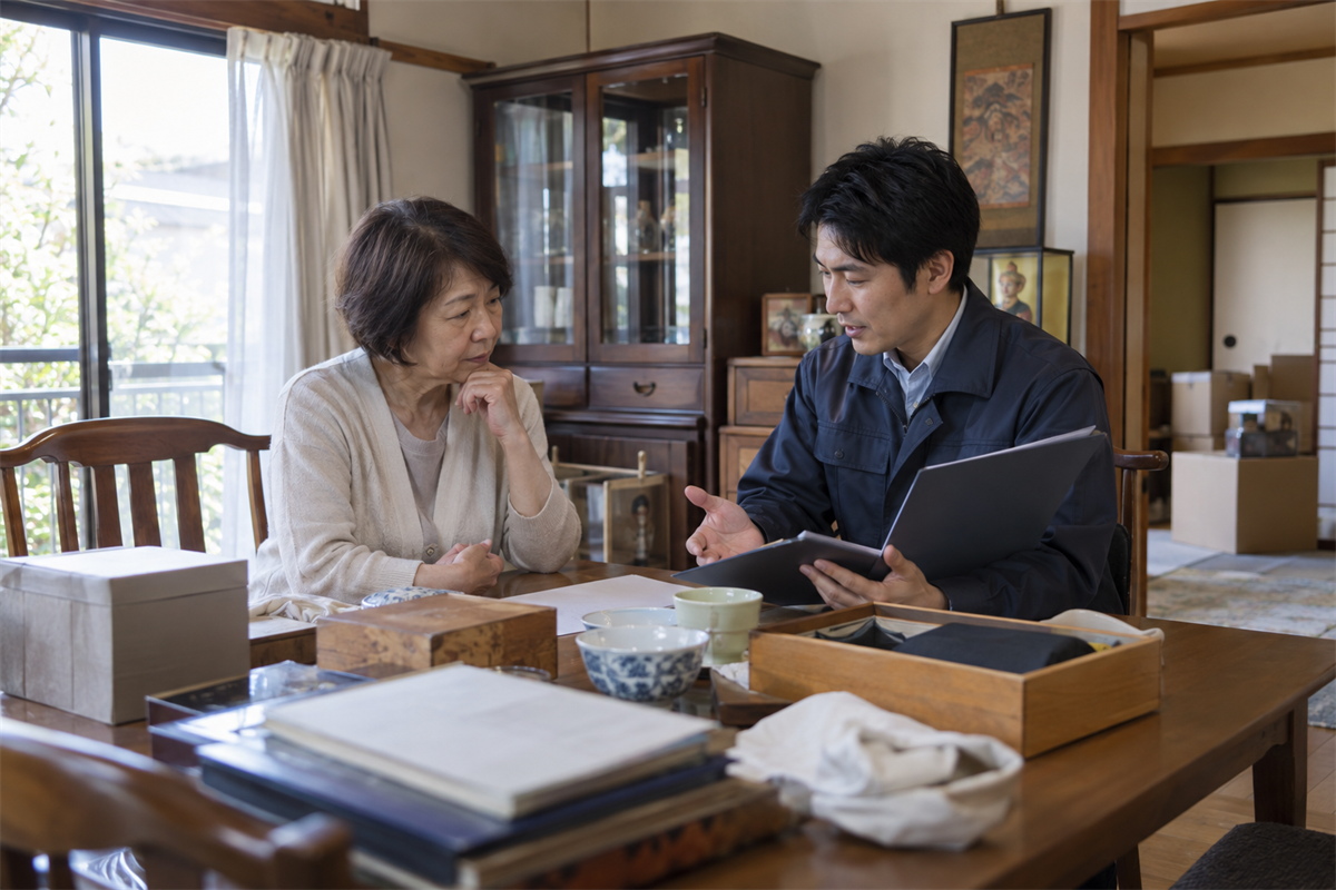 空き家の所有者と片付け担当者が処分判断の役割を確認する様子