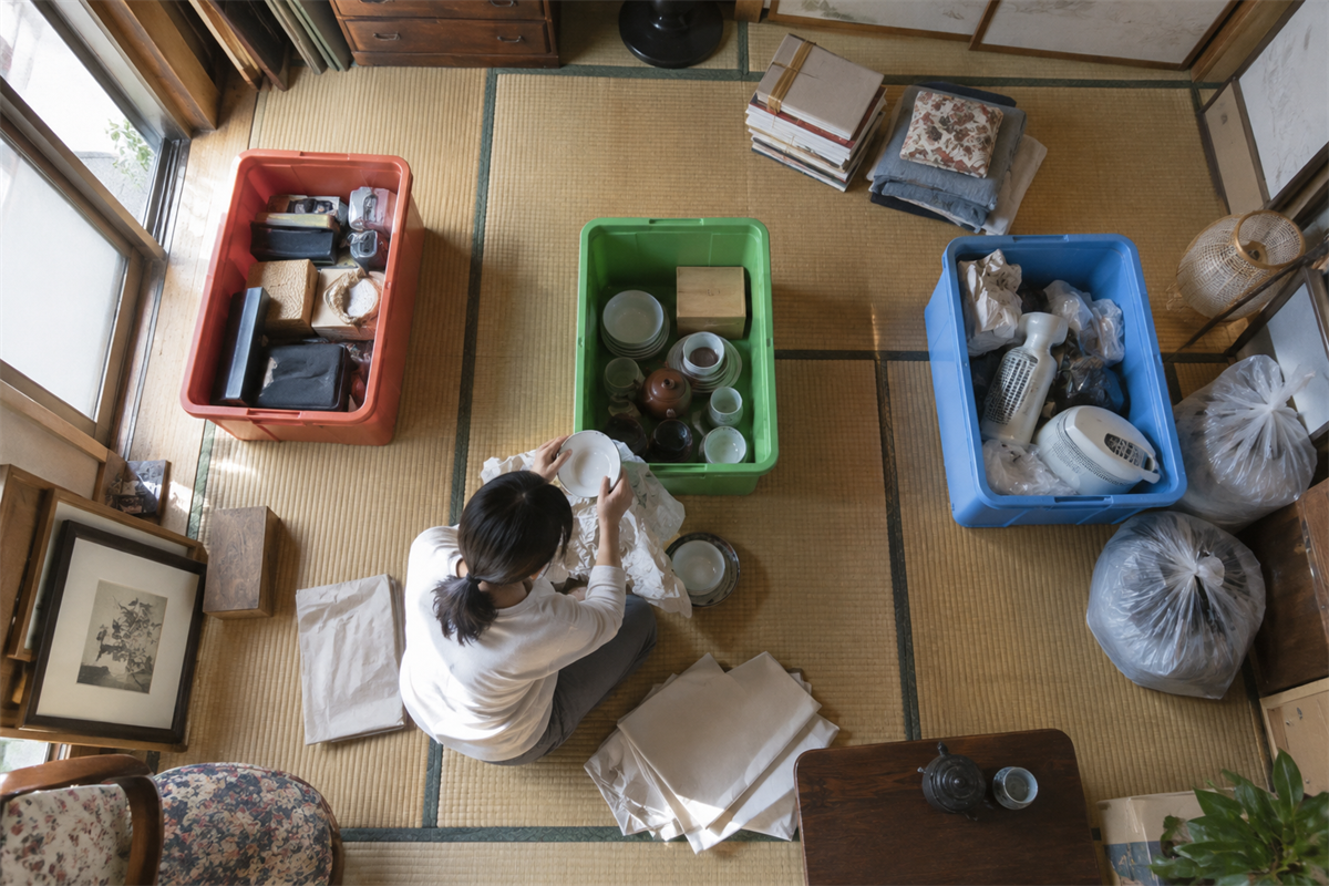 空き家の家財を保留品・再利用候補・廃棄候補に分ける室内
