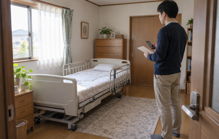介護ベッドの不用品回収を相談するため室内と搬出経路を確認する家族