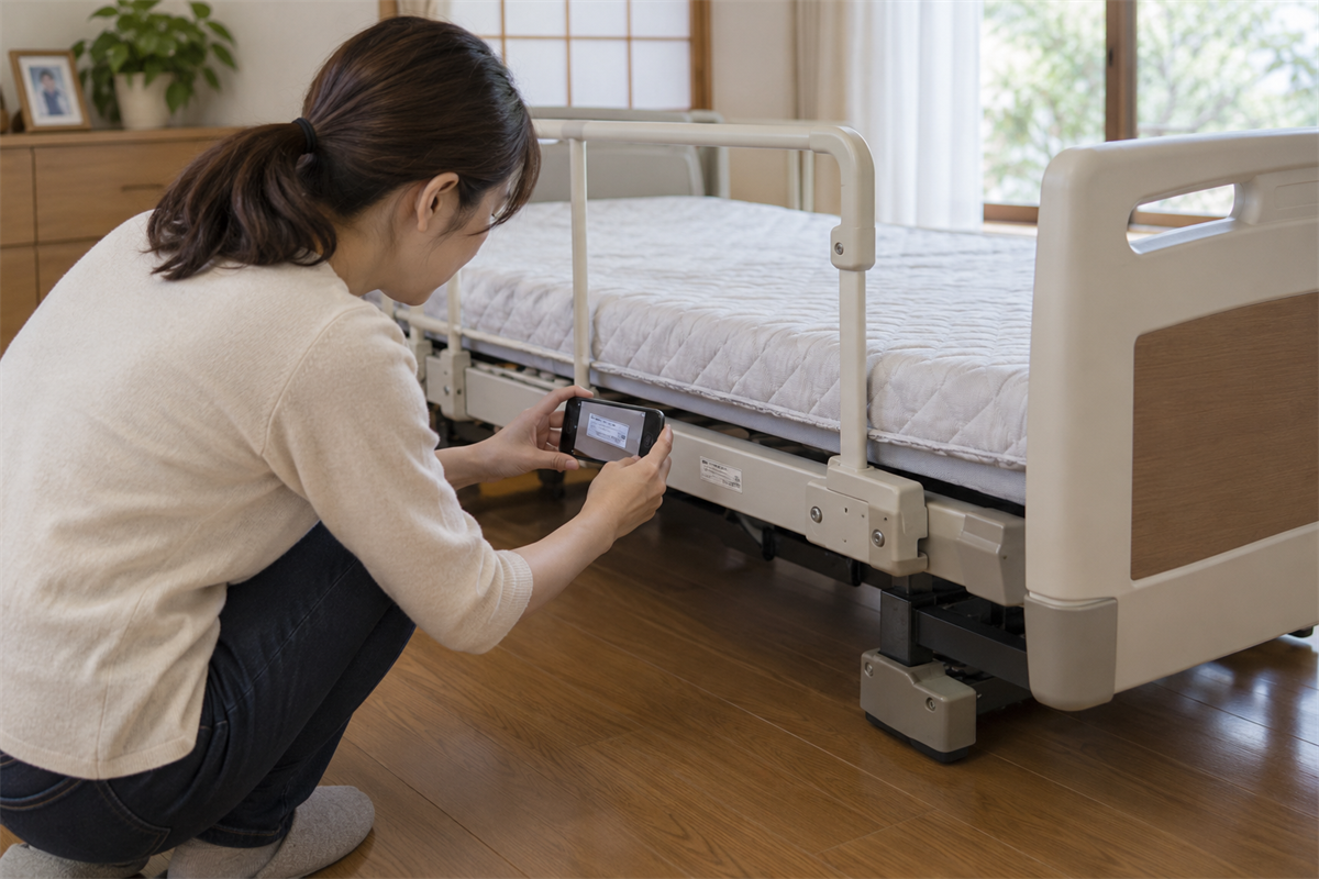 介護ベッドを動かさずフレームの型式表示を撮影する様子