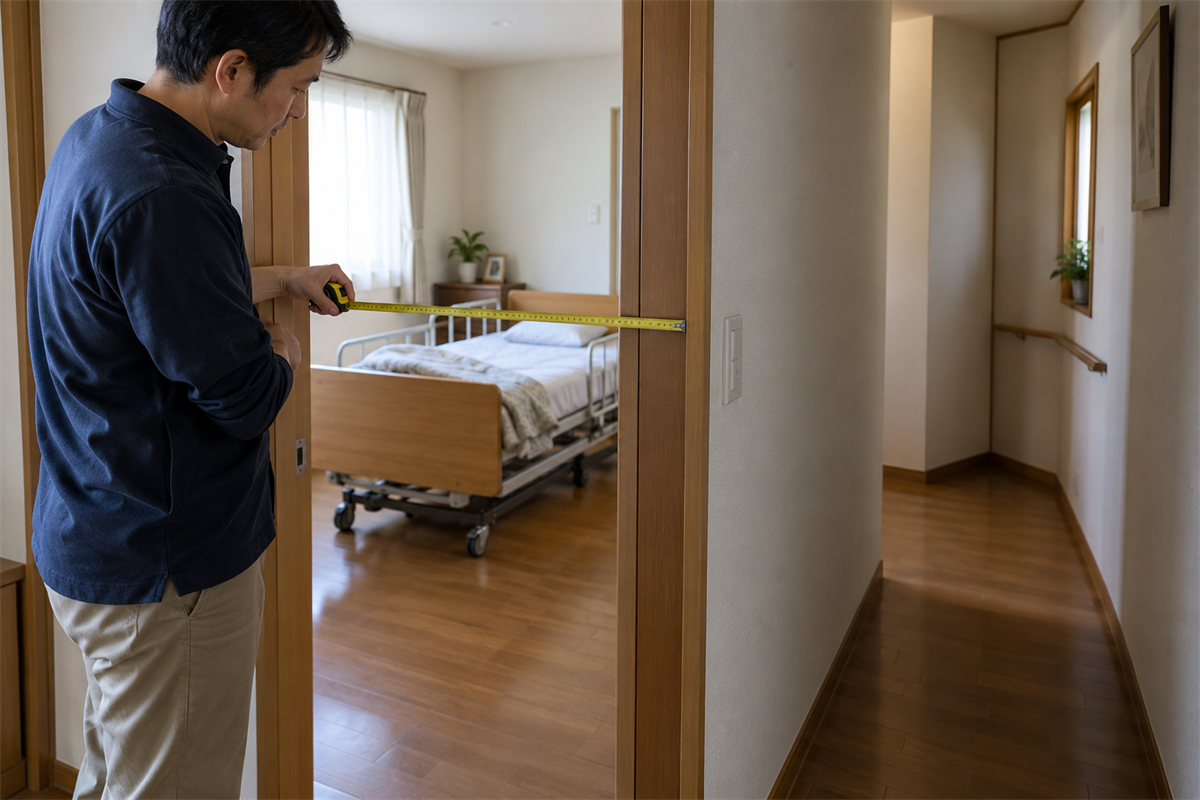 介護ベッドの搬出前に寝室のドア幅と廊下を確認する様子