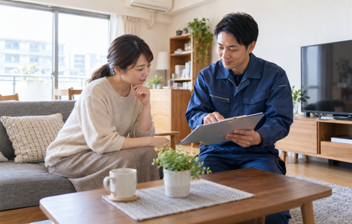粗大ごみの回収について住人と担当者が書類を確認する様子