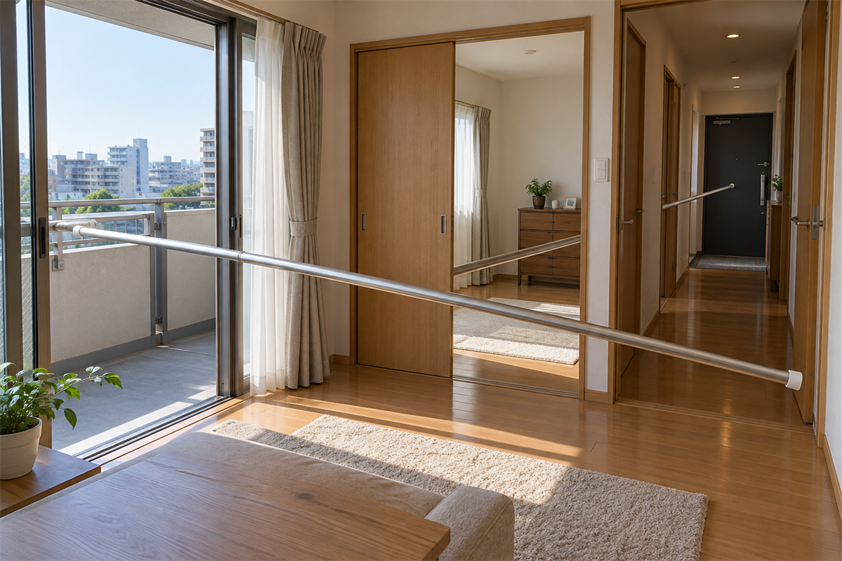 ベランダから玄関までの搬出経路を確認する室内