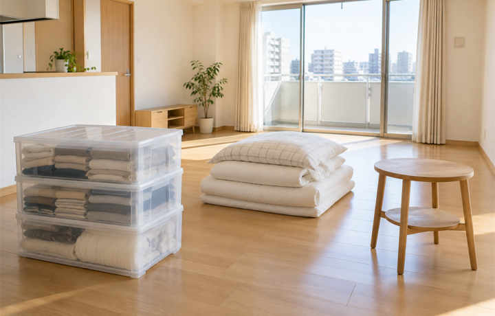 引越し後の部屋に残った衣装ケース・布団・小型家具