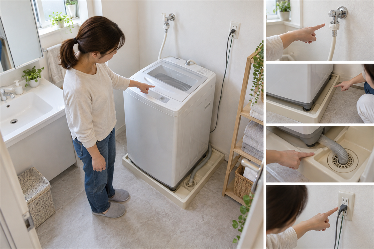 洗濯機本体と給排水ホース、防水パンを確認する様子