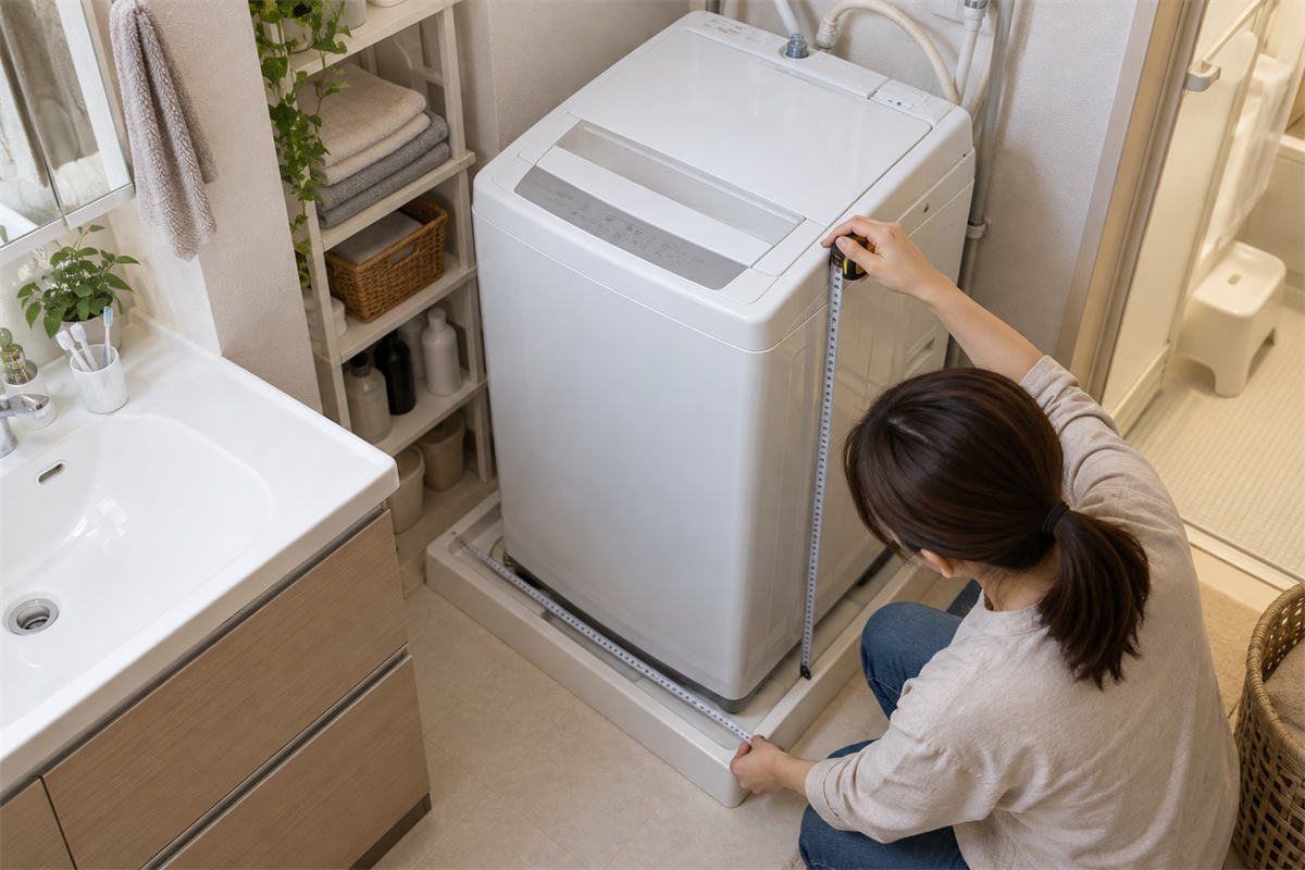洗濯機本体と防水パンの寸法を測る様子
