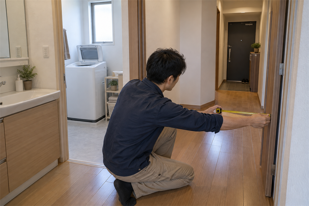 洗濯機の搬出経路にある扉と曲がり角を測る様子